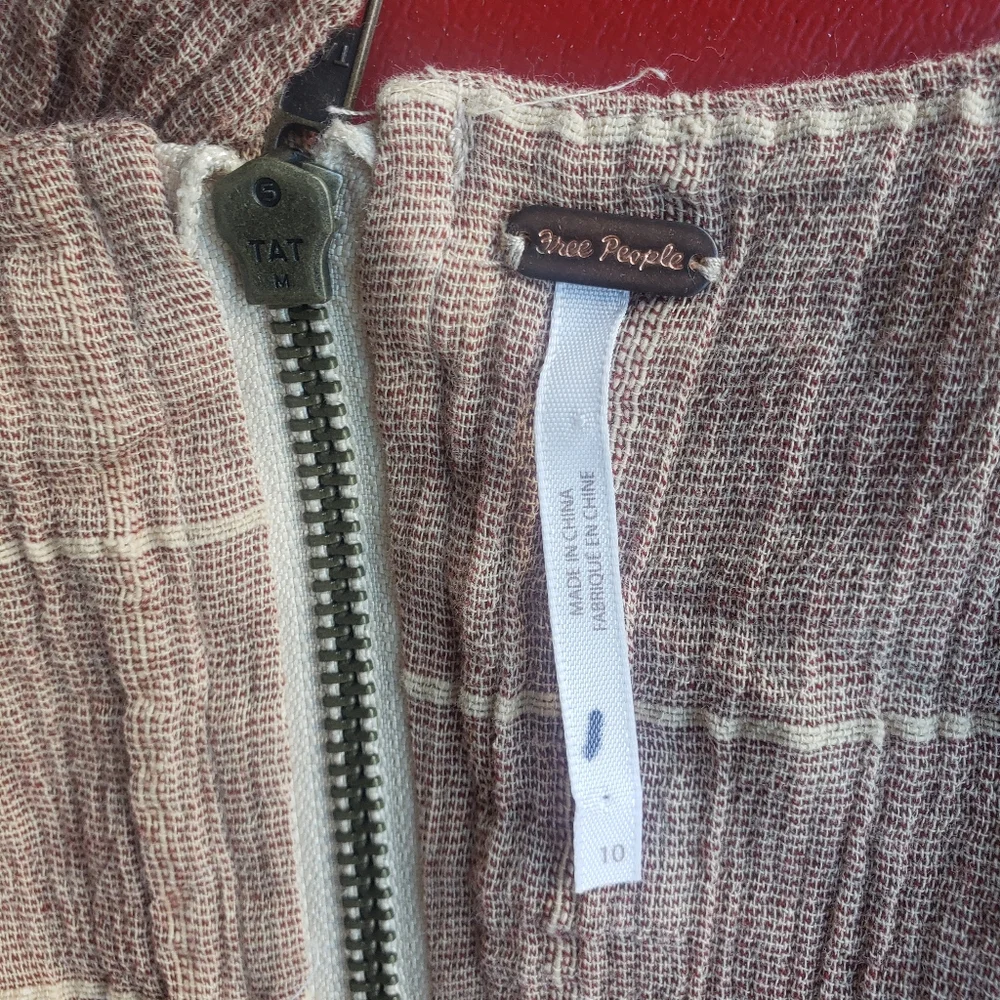 free people long sleeve square neck light brown cotton gauzy crop top plaid 10